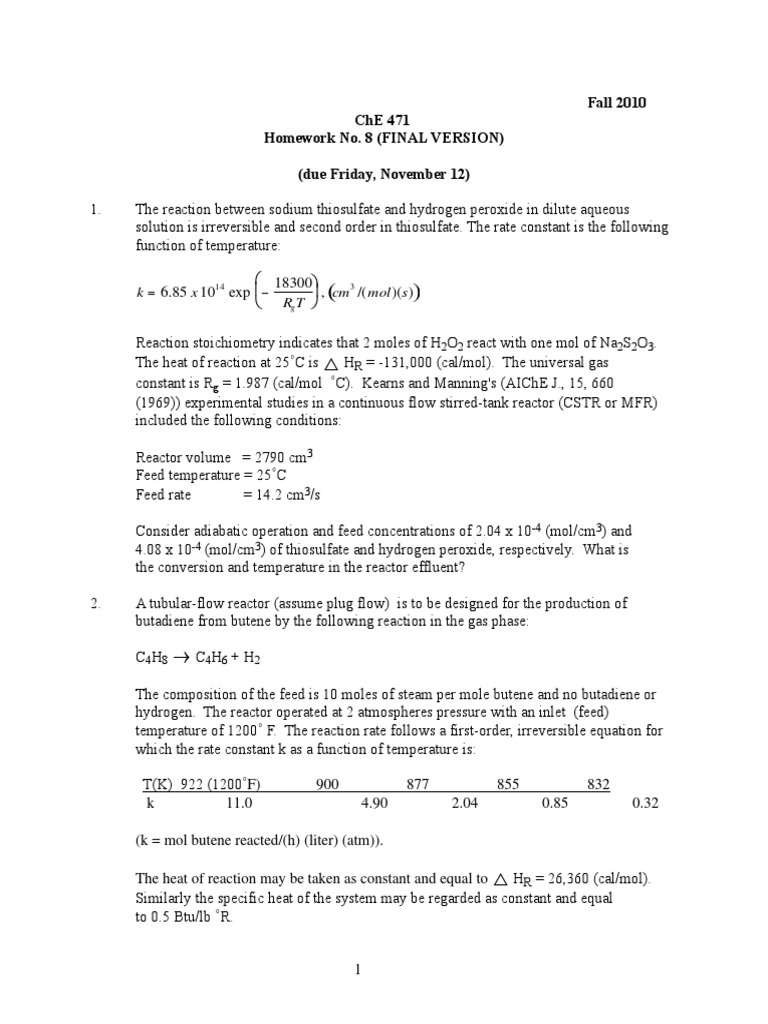 2010 ChE 471 HW 8 Final | PDF | Chemical Reactor | Chemical Equilibrium
