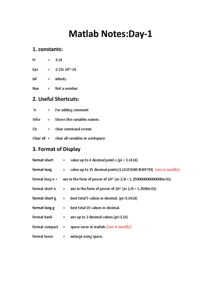 Matlab Notes:Day-1: 1. Constants | PDF | Computers