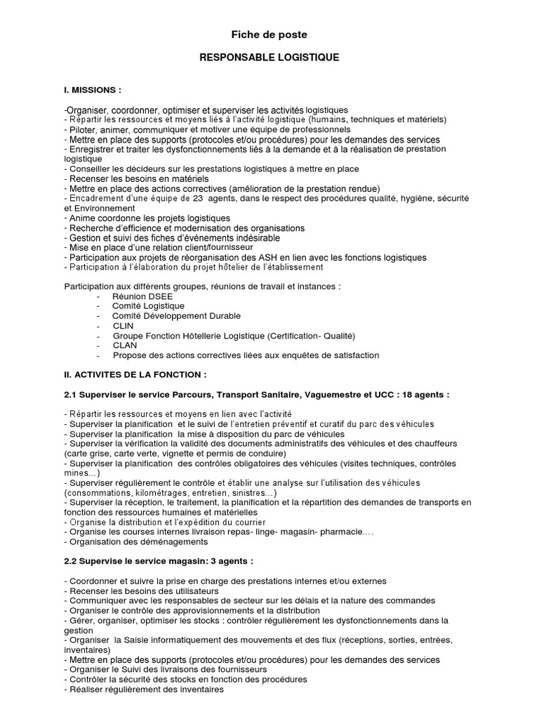 Fiche Metier Responsable Logistique Logistique Planification
