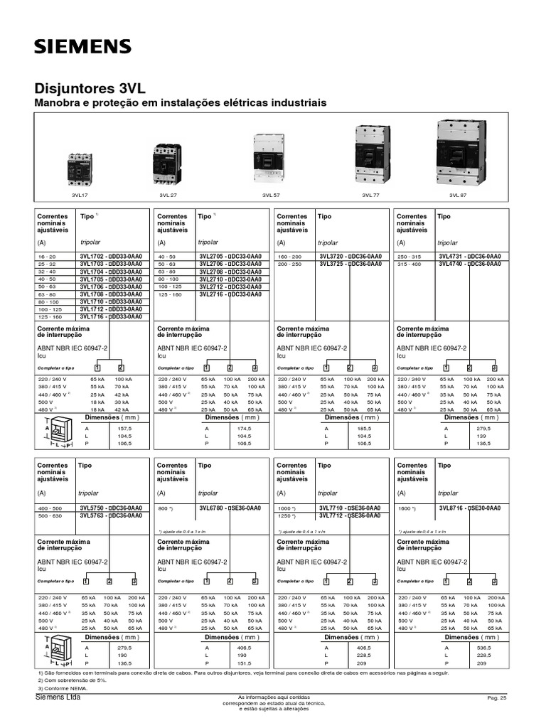 Fichas Tecnicas - Disjuntores 3vl PDF | PDF | Fio (metal) | Engenharia ...