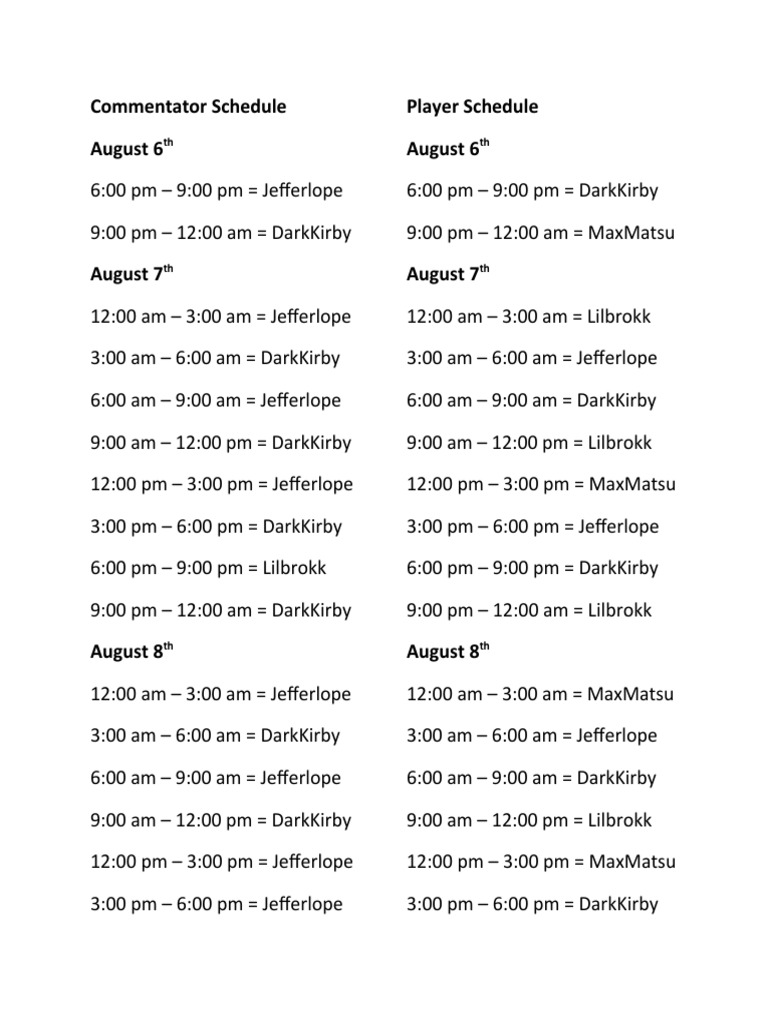 August Commentator and Player Schedule | PDF