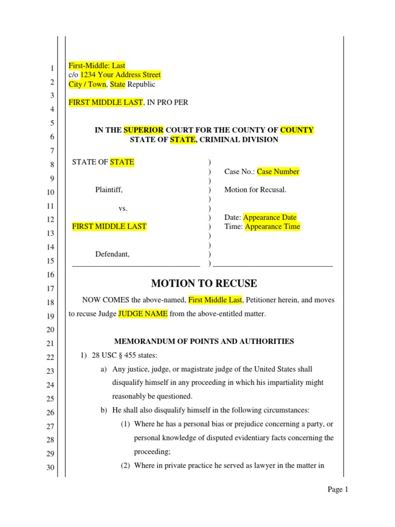 Motion To Recuse A Judge Template PDF Judicial Disqualification Judge
