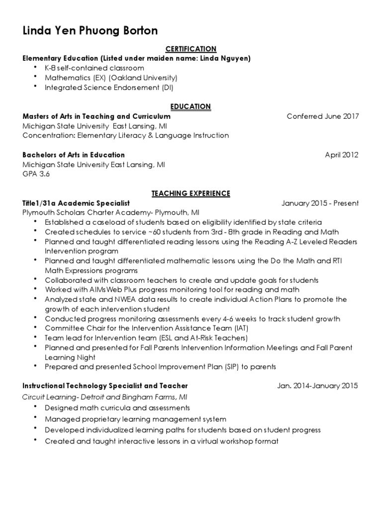 Resume Linda Borton PBLC 2 | PDF | Michigan State University | Teachers
