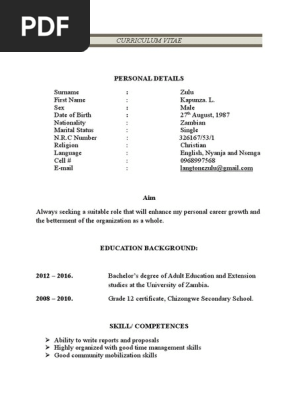 Personal Details Curriculum Vitae Pdf Zambia Communication