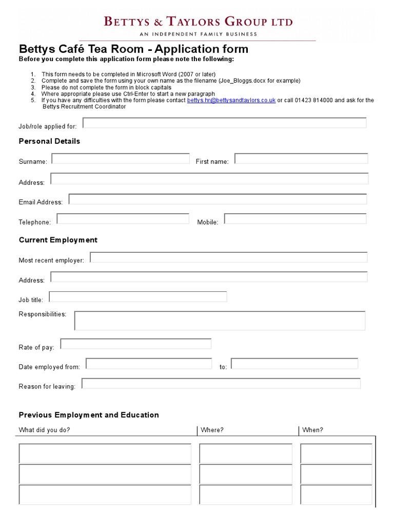Bettys Cafe Tea Room Application Form and Checklist Current