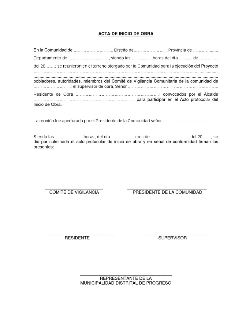 Acta de Inicio y Entrega de Obra | PDF | Gobierno