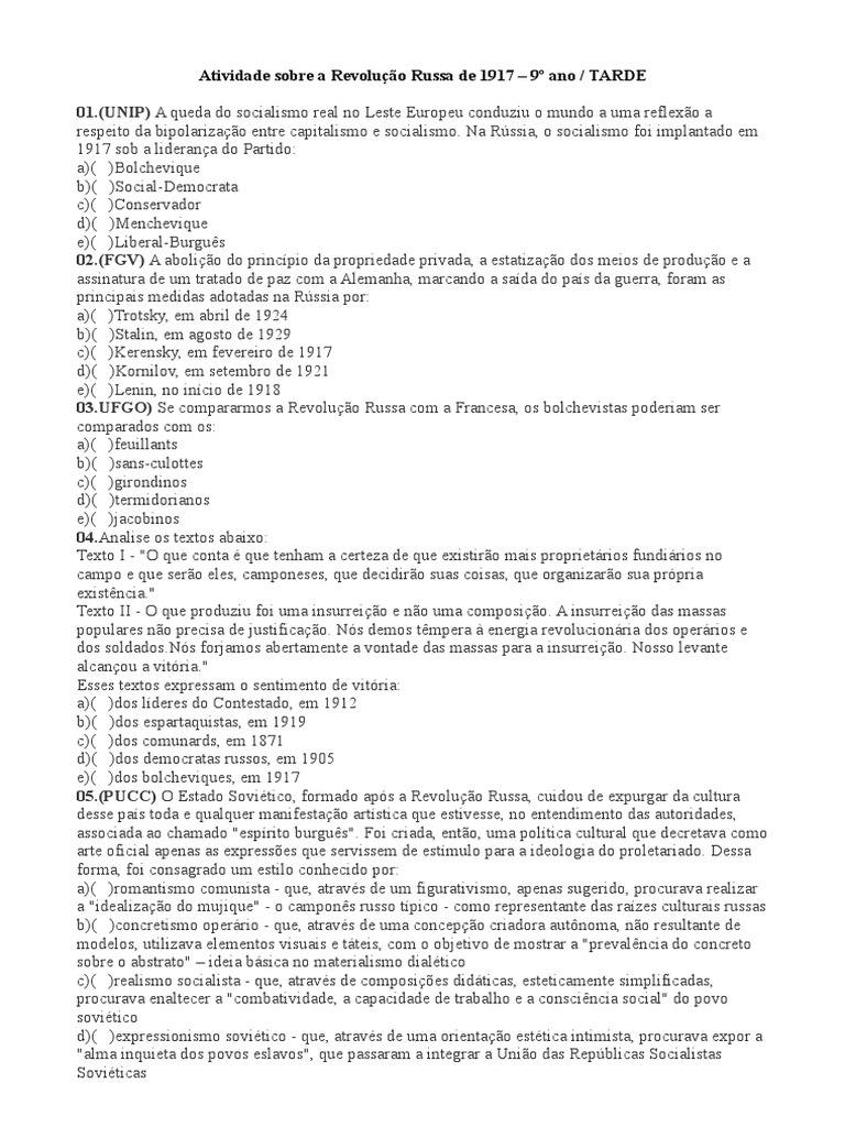 Atividade Sobre a Revolução Russa de 1917 9º ANO Revolução Russa Império Russo