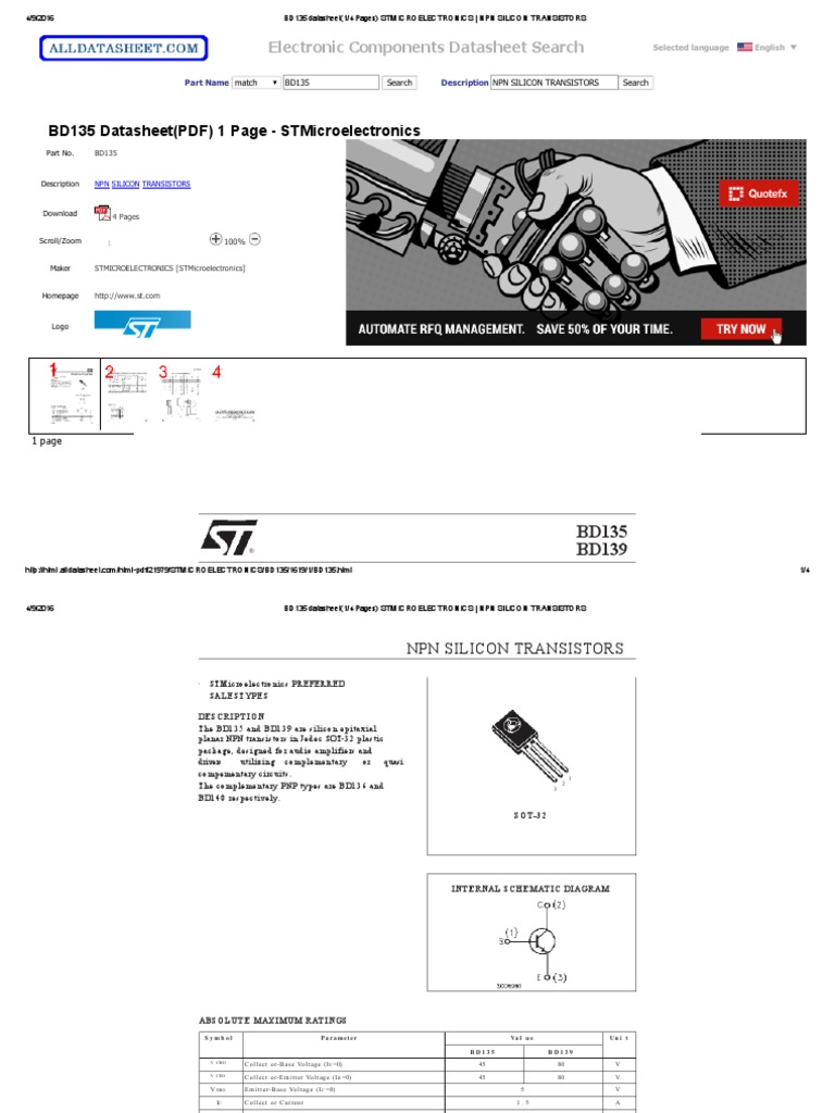 Bd135 Datasheet (1 - 4 Pages) Stmicroelectronics - NPN Silicon ...