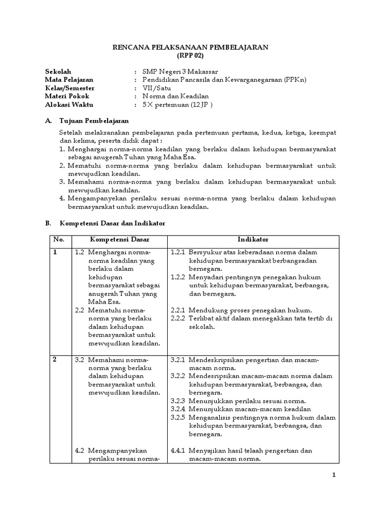 Rpp Ppkn Smp Kelas Vii Bab Ii Pdf