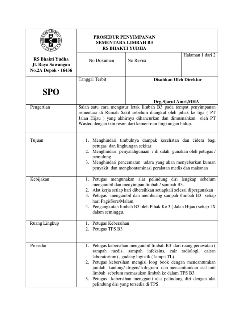 Spo Penyimpanan Sementara Limbah B3 Rs Bhskti Yudha