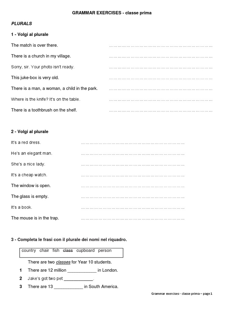 Grammar Exercises Classe Prima