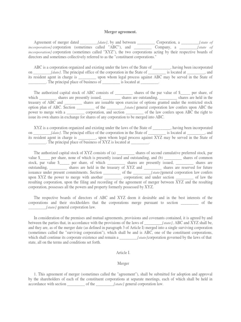 Merger Agreement Draft PDF Corporations Stocks