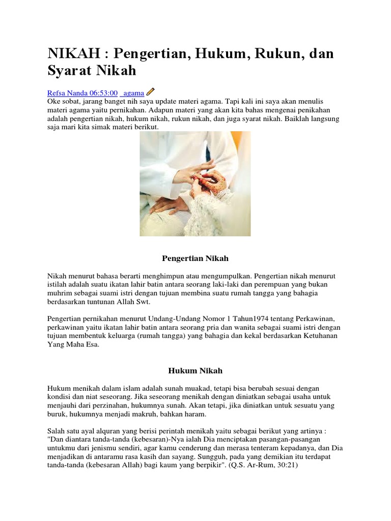 Nikah Pengertian Hukum Rukun Dan Syarat Nikah Refsa Nanda 06 53 00 Agama