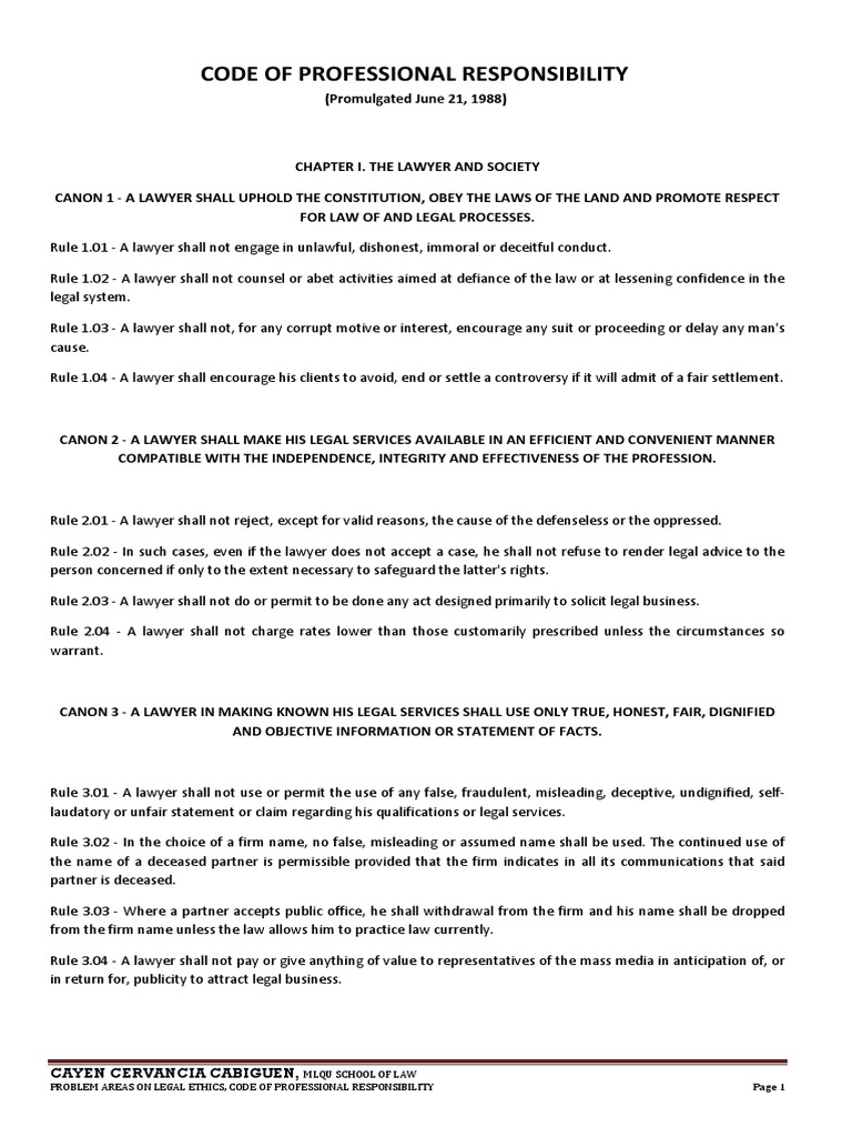 Code of Professional Responsibility | PDF | Practice Of Law | Lawyer