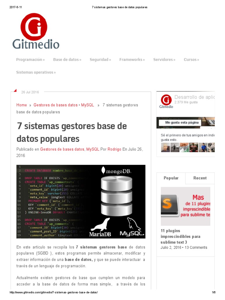 7 Sistemas Gestores Base de Datos Populares MySQL PHP