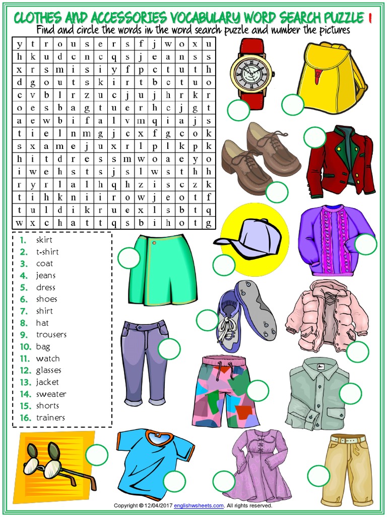 clothes and accessories vocabulary esl word search puzzle worksheets