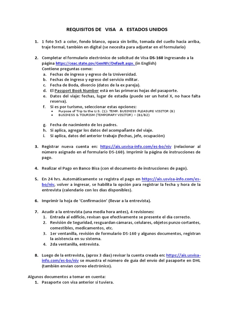 Guía de Requisitos para Visa a EE.UU. | PDF
