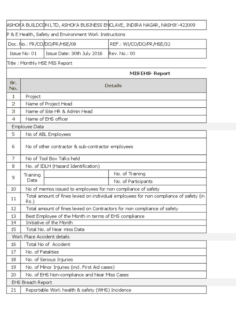 Monthly HSE MIS Report Overview | PDF | Occupational Safety And Health ...