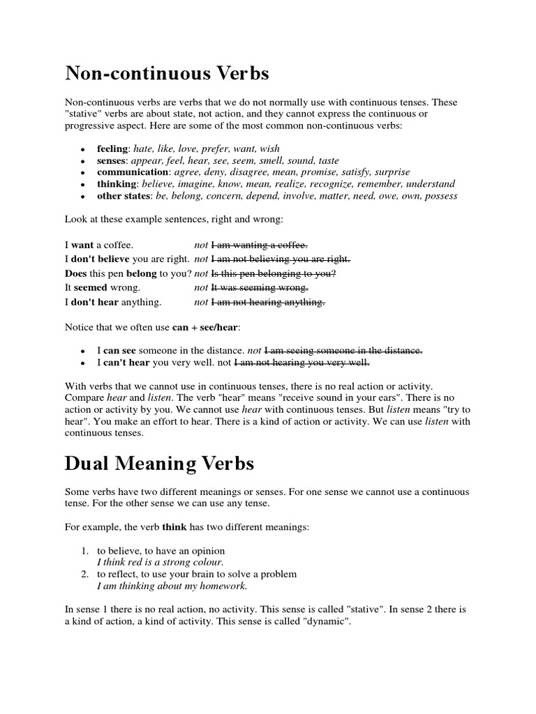 Verbs Without Continuous Aspect PDF Grammatical Tense Verb