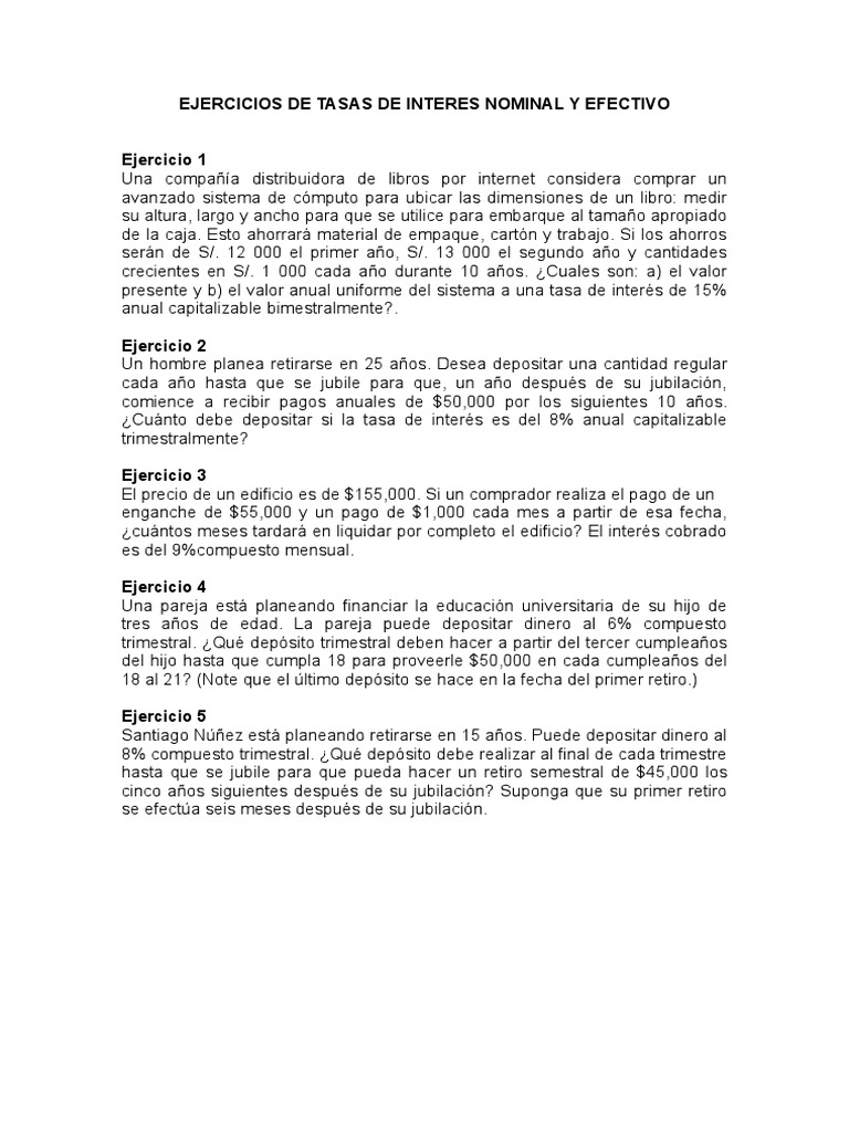Ejercicios de Tasas de Interes Nominal y Efectivo | PDF