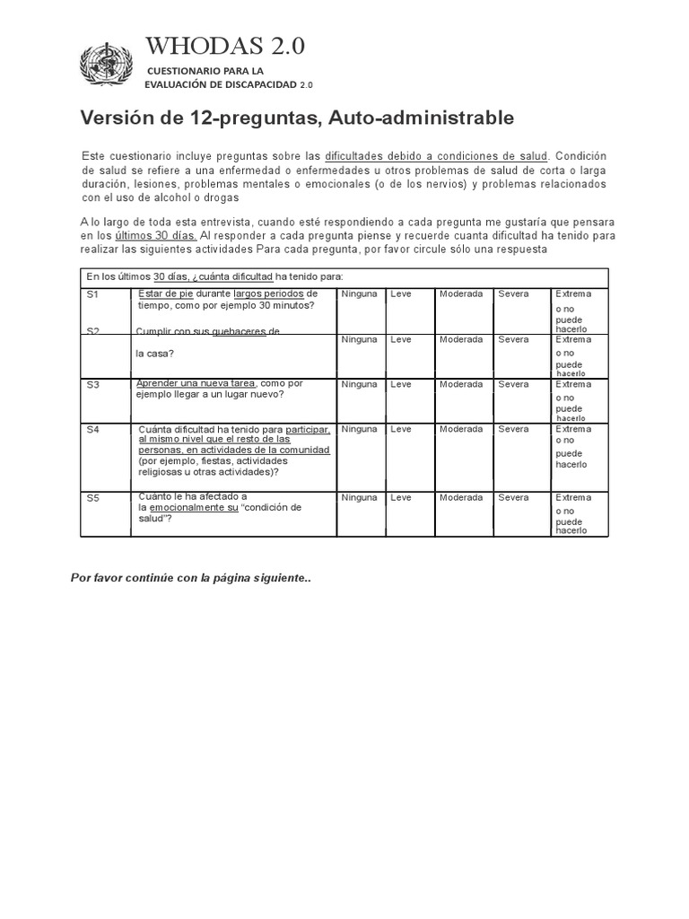 Whodas 2.0 12 Items Self Spanish | PDF | Medicina CLINICA | Bienestar