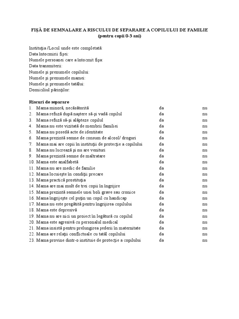 Fişă de Semnalare A Riscului de Separare A Copilului de Familie | PDF