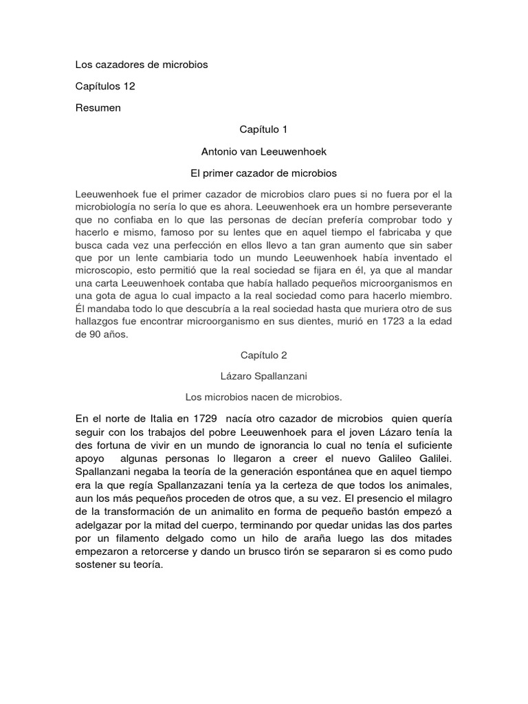 Los Cazadores de Microbios Resumen | PDF | Luis Pasteur | Microorganismo