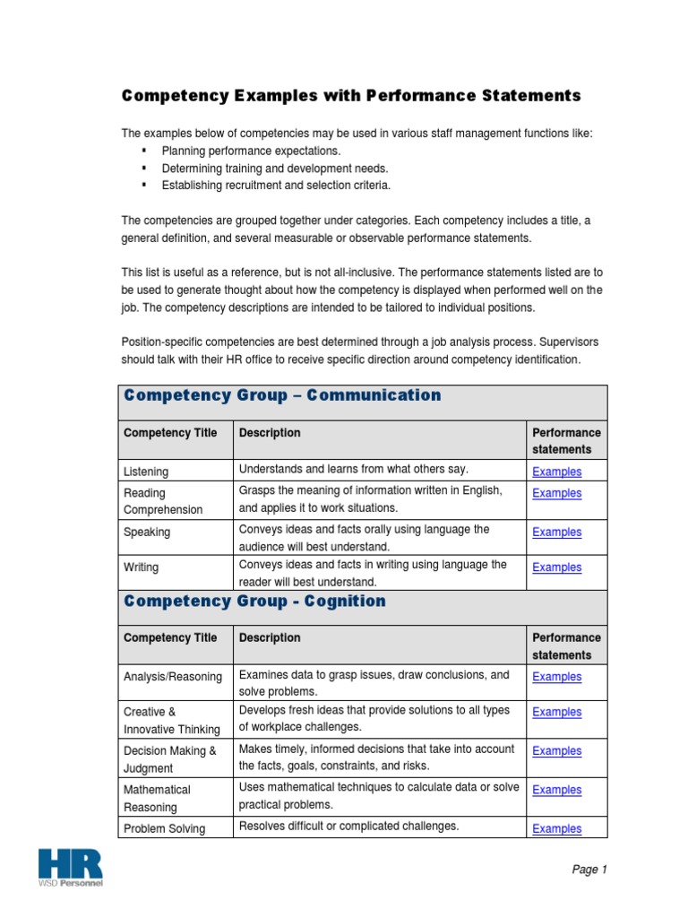 Competency Examples  PDF  Competence (Human Resources)  Goal