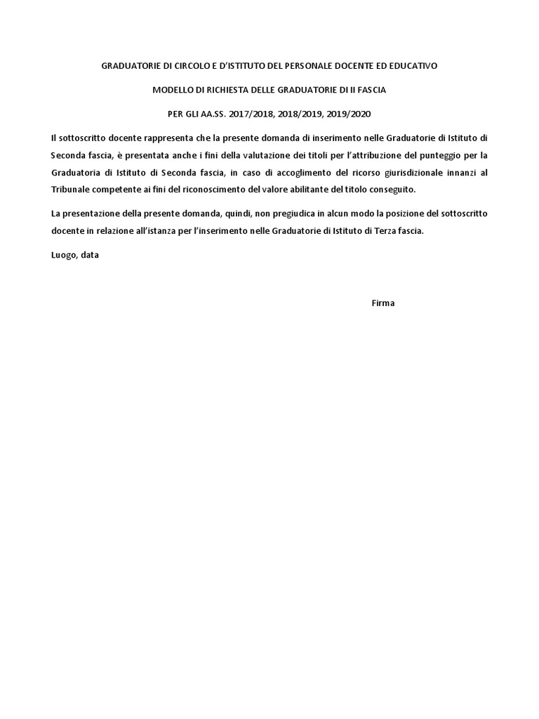 Modello Per Graduatoria Istituto Di Seconda Fascia