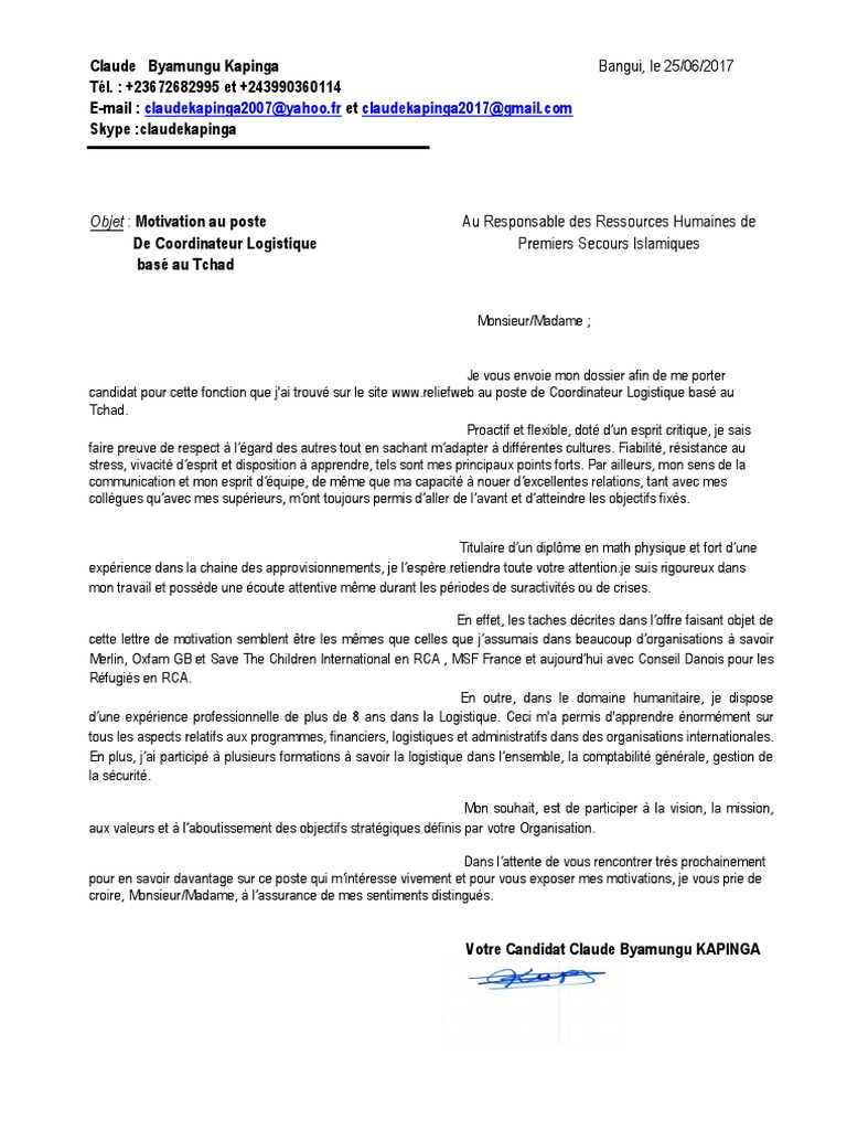 Lettre De Motivation Responsable Logistique Approvisionnement