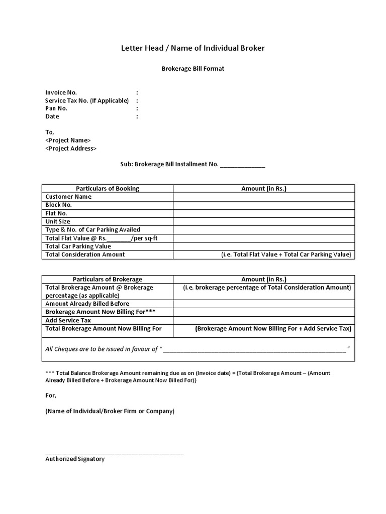 Brokerage Bill Format for Rent Transactions | PDF