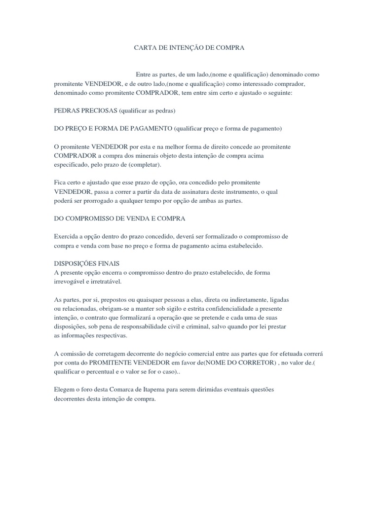 Carta De Intencao De Compra Modelo