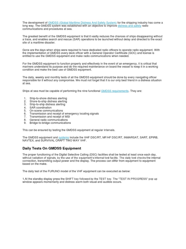 Daily, Monthly and Weekly Tests of GMDSS Equipment On Board Ships PDF