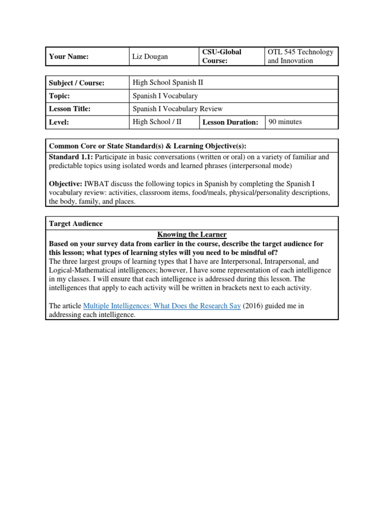 Tpack Lesson Plan Vocabulary Educational Assessment
