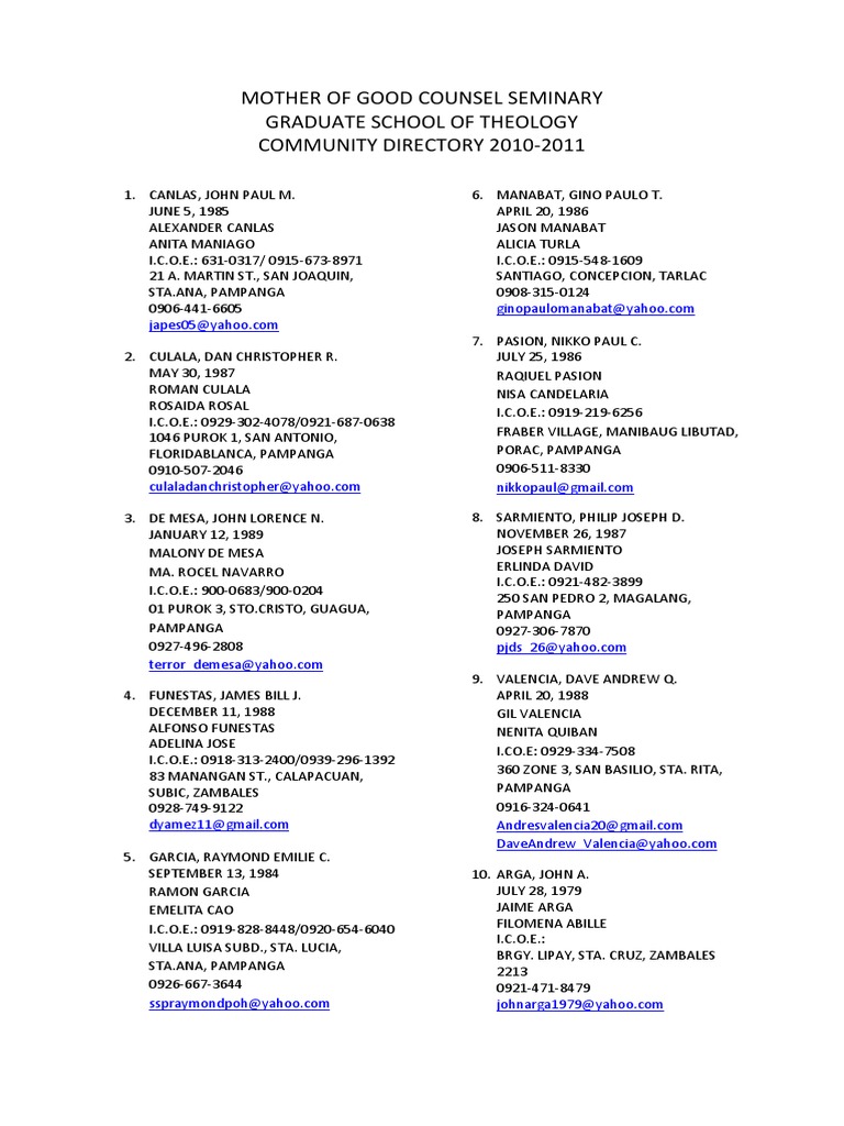 Mother of Good Counsel Seminary Directory | PDF