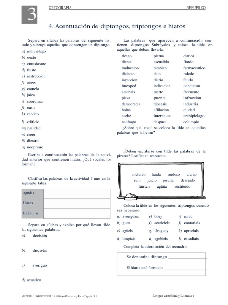 Diptongos Triptongos e Hiatos Ficha de Trabajo Vocal Comunicación oral