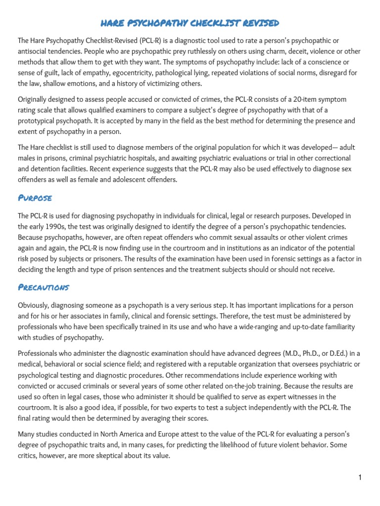 Hare Psychopathy Checklist Overview | PDF | Psychopathy | Antisocial ...