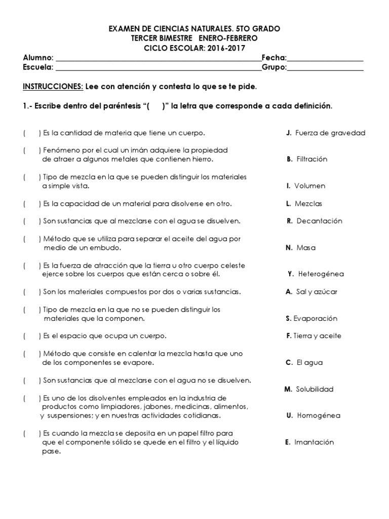 Examen de Ciencias Naturales 3 Bimestre Quinto Grado