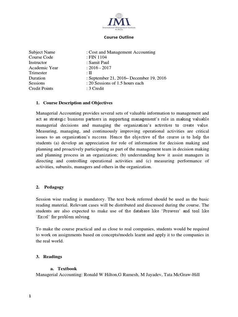Cost and Management Accounting Outline | PDF | Management Accounting ...