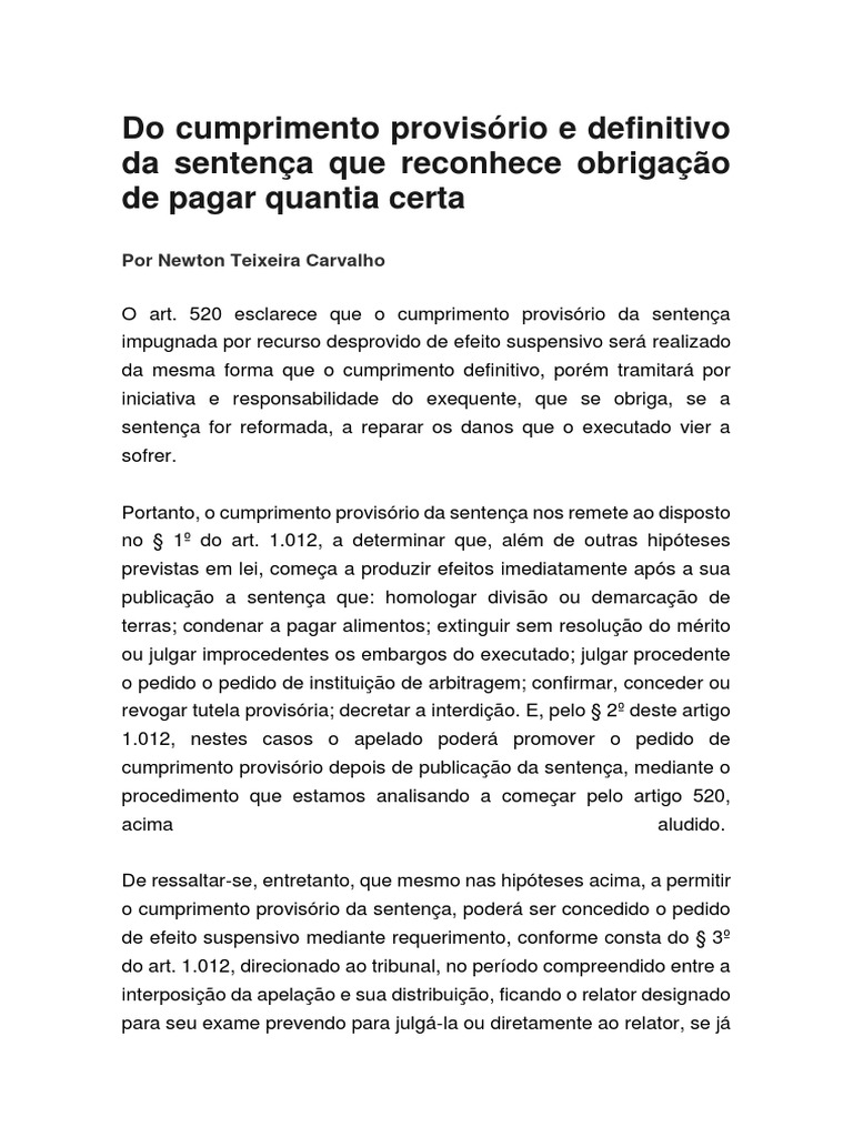 Do Cumprimento Provisório e Definitivo Da Sentença Que Reconhece