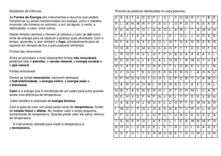 Atividades de Ciências Caça Palavras | PDF | Calor | Temperatura