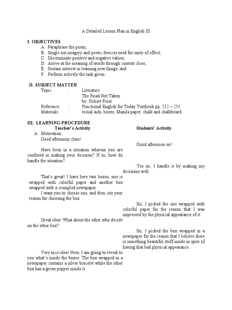 lesson plan road not taken poetry lesson plan