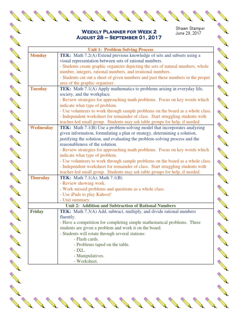 Week Planner | PDF | Teaching Mathematics | Cognition