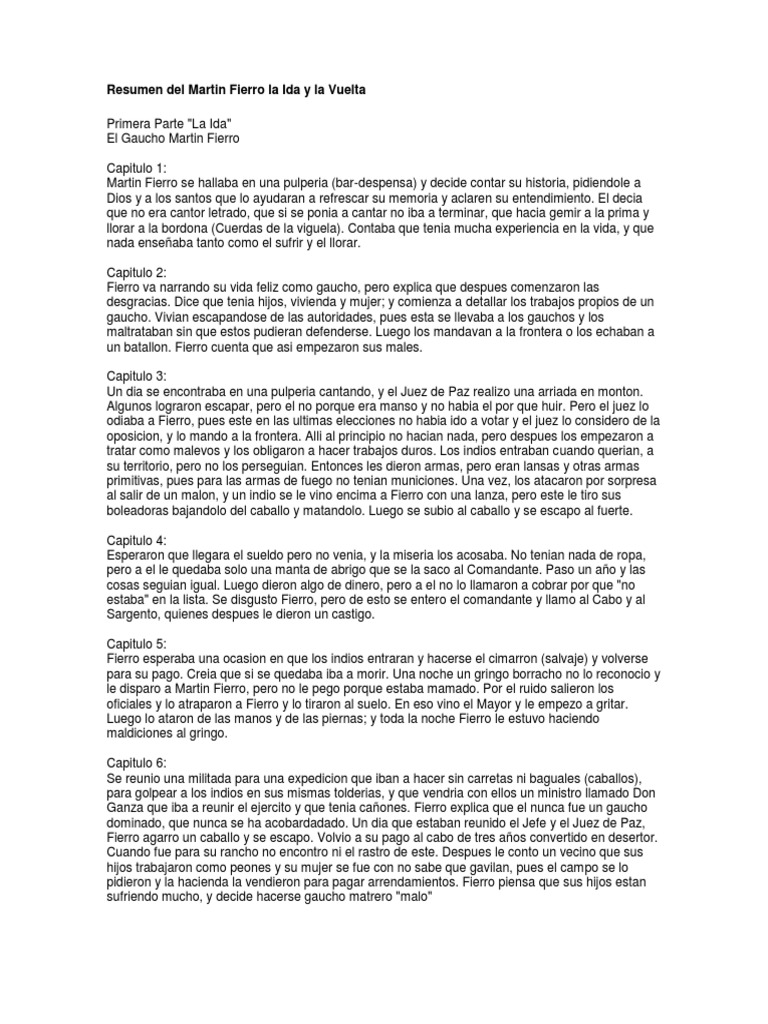 Resumen Del Martin Fierro La Ida Y La Vuelta Pdf Argentina Agitación
