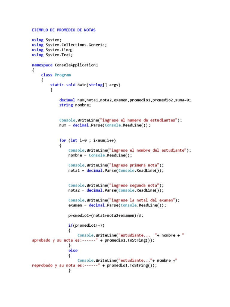 Calcular Promedio de Notas en C# | PDF
