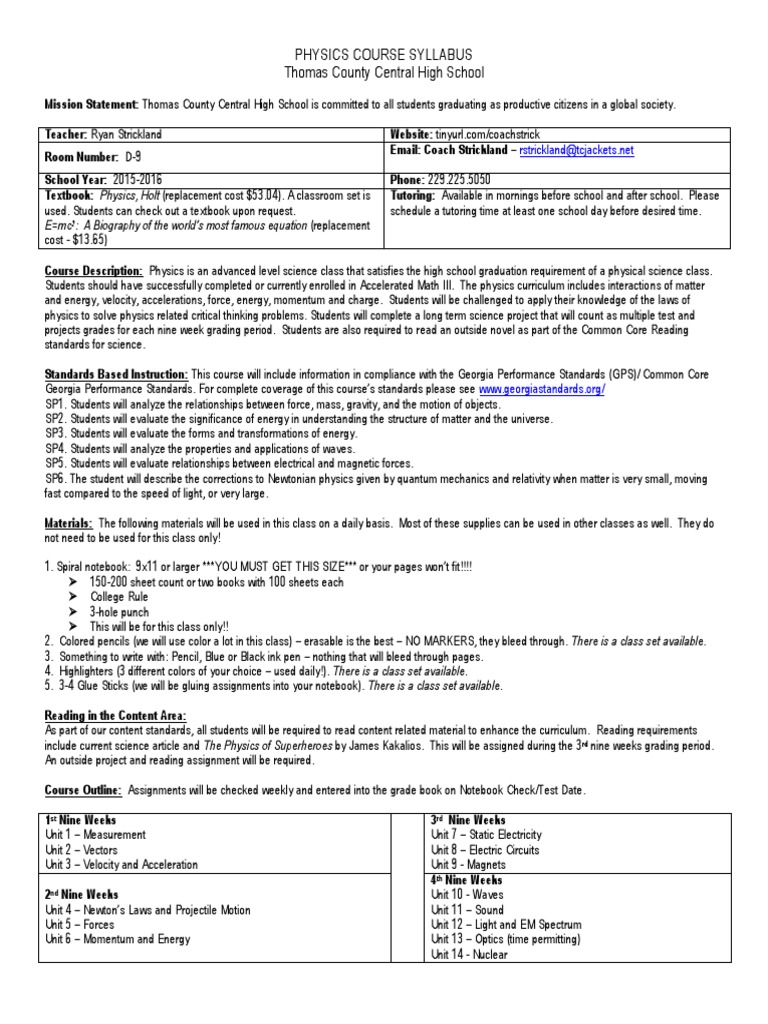 Physics Course syllabus Force Science Education