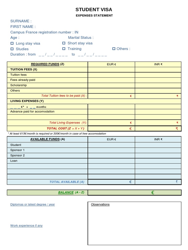 StudentsExpenses Statement Check List PDF Travel Visa Fee