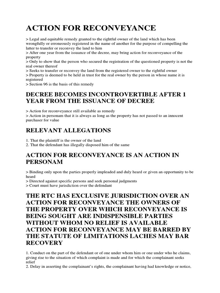 Action for Reconveyance in the Philippines | PDF | Equity (Law) | Title ...