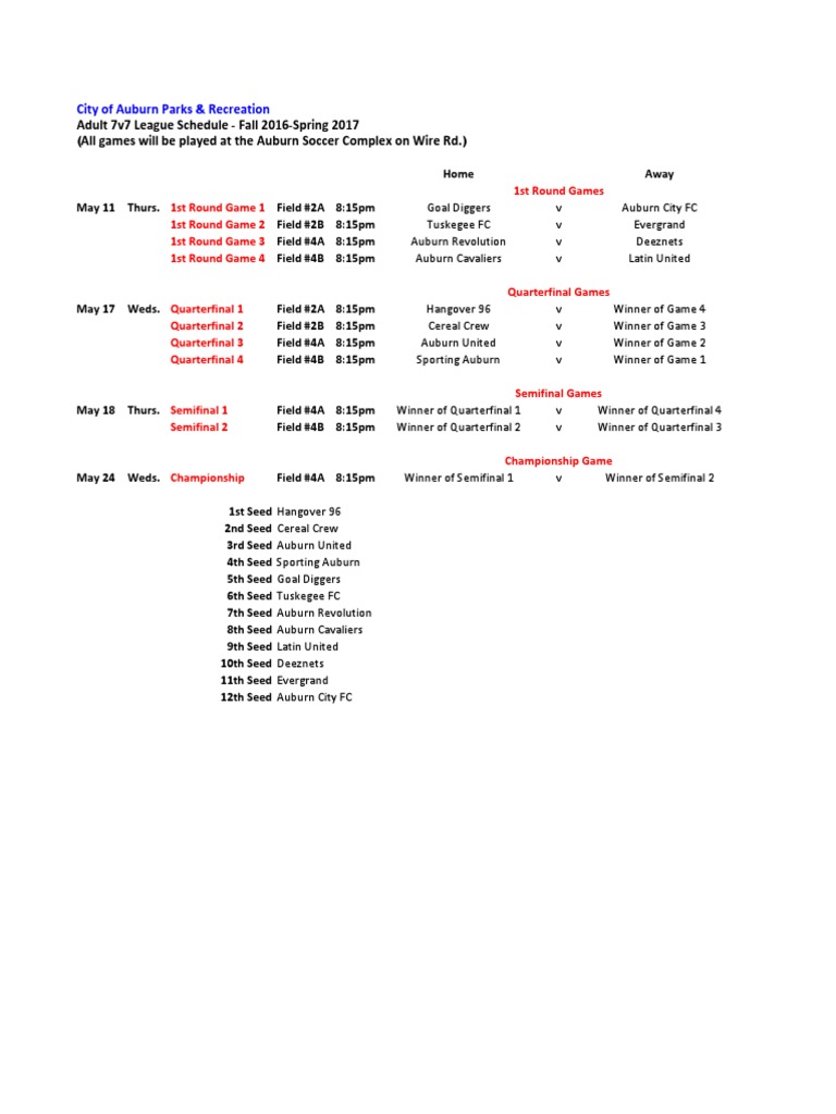 Adult 7v7 Playoff Schedule Spring 2017 | PDF