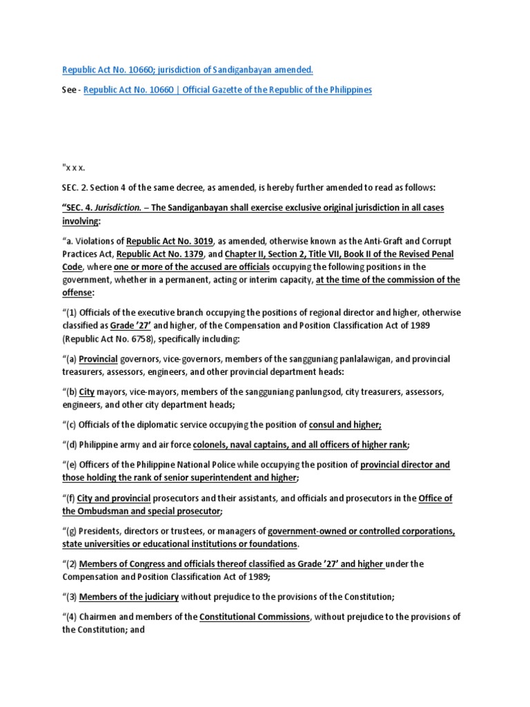 Republic act no 10660 jurisdiction of sandiganbayan amended republic